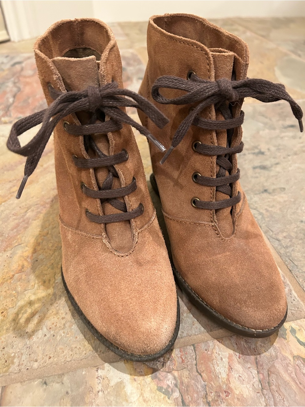 Mango Suede Lace-Up Wedge Booties — Tan, Size 9 - Picture 3 of 10